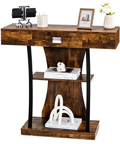 COSTWAY Table Console Industrielle 3 Étagères avec Tiroir, Console d'Entrée avec Dispositif Anti-Renversement pour Salon, Couloir, Entrée, Marron Rustique, 91 x 30 x 88cm