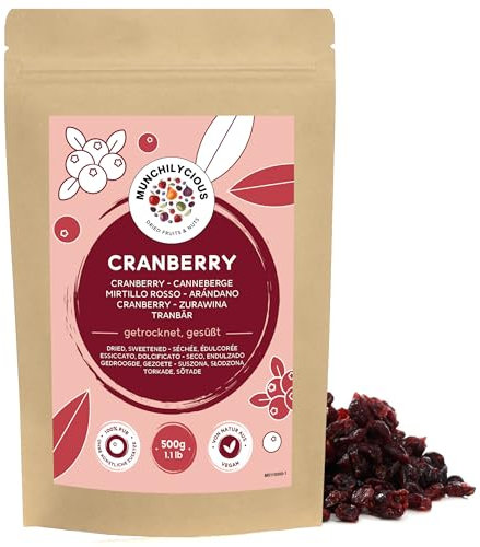 Mirtilli rossi essiccati 500g di Munchilycious, frutta secca, mirtilli rossi secchi, addolciti con succo di mela, guarnizione perfetta per muesli, porridge per la colazione o frullati