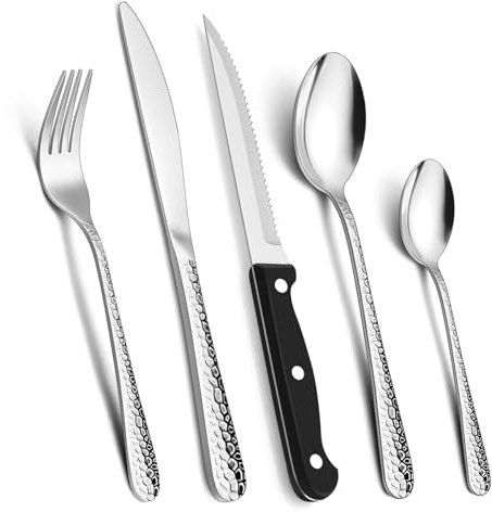 Onader 40 Piece Cutlery Set for 8 People, Stainless Steel Hammered Flatware Silverware Sets, Stylish Forks Knives Spoons Perfect for Kitchen Party Christmas, Mirror Finished & Dishwasher Safe