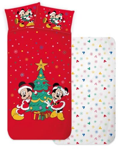 Weihnachts-Bettwäsche-Set für Einzelbett, Mickey und Minnie, Disney, 3-teilig, Spannbettlaken, Kissenbezug, 100 % Baumwolle
