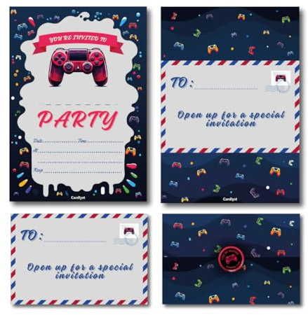 Cardlyst – 24-32 Kids Childrens Gaming Birthday Party Invitations Kids Invites with Folding Envelope Design and Stickers Pack of 24-32 Invites for Boys and girls - Printed and designed in UK!… (32)