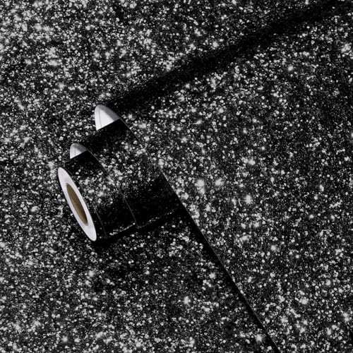 Yullpaper Self Adhesive Black Glitter Wallpaper Shining Black Vinyl Wrap for Furniture Glitter Sticky Back Plastic Lining Paper for Walls Feature Wallpaper for Living Room Bedroom 40cm X 800cm