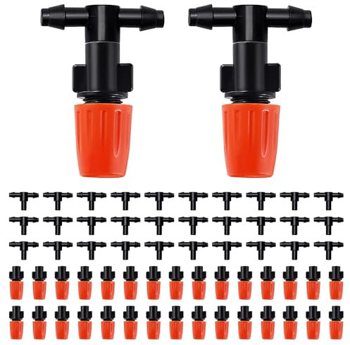 VooGenzek 30 Piezas Boquillas de Nebulización Aspersor Conector en T, Plástico Tee Boquilla de Rociado Niebla, Sistema Enfriamiento Riego, Boquilla de Atomización para Césped, con Conector T, Naranja