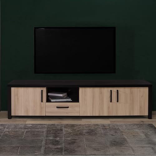 Forte Black Hill TV-Schrank 210, TV-Lowboard groß, 3 Türen, 1 Schublade, Wohnzimmer, Holzwerkstoff, Comano Pflaume Holzdekor/Schwarz, 209,5 cm breit x 51,1 cm hoch x 52,3 cm tief
