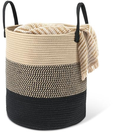 HDRNT Wäschekorb Geflochten aus Baumwolle,45L Wäschesammler mit Henkel,Geflochtener Wäschesortierer, Laundry Basket Aufbewahrungskorb für Wäschekammer Kinderzimmer Bad (35cm*40cm) (beige+schwarz)