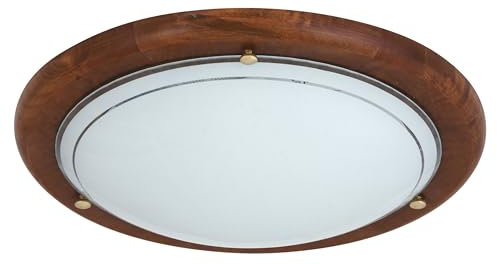 LED Universum Deckenleuchte Wandleuchte Holz dunkel rund Ø30cm aus Glas satiniert und Echtholz mit E27 Fassung für Glühbirne oder LED-Leuchtmittel | Deckenlampe Wohnzimmer Schlafzimmer Küche Flur
