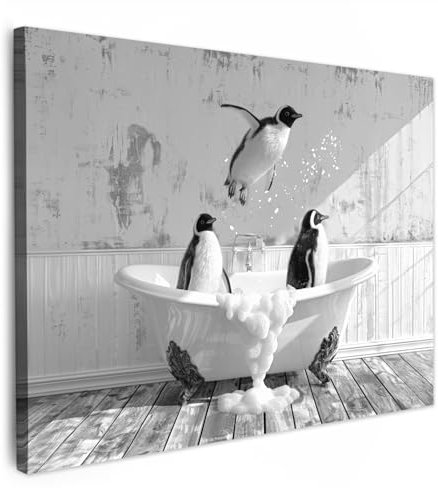 MuchoWow© Impression sur Toile Decoration Murale Peinture 80x60 cm Tableaux Decoratifs Muraux Déco Chambre Tableau Salon Pingouins - Bain - Salle de bain - Noir et blanc