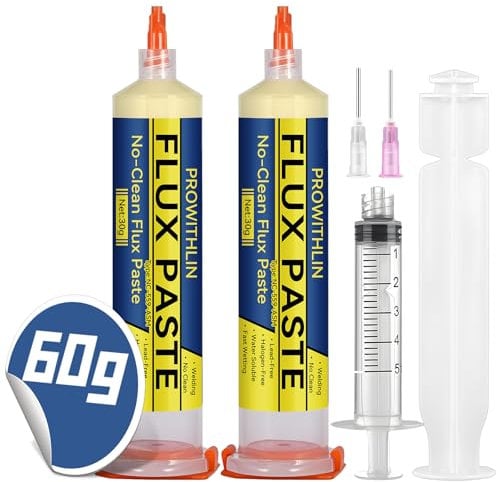 prowtihlin Stagno per Saldare 60ml, 2 Pezzi Paste per saldatura con 2 Aghi, 1 Spingitore & 1 Siringa - 60g Flussante per Saldatura a Stagno, ecc - Ideale per Saldatura a Stagno e Riparazioni BGA/PCB