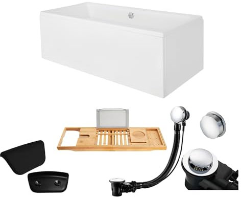 KOLMAN KOMPLETTSET 6in1 Acryl Wanne Badewanne Rechteck 190x90 cm QUADRO Made in EU + AcrylSchürze + Badewannentablett Holzablage + Badkissen, mit Ablaufgarnitur in Chrom & Wannenfüße