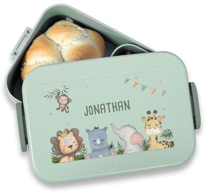 hellomini Mepal Brotdose - Personalisiert - Brotdose Kinder mit Fächern - Snackbox mit Fächern - Lunchbox, Bento Box Geschenk zu Einschulung - Einschulungsgeschenk (Safari, Grün)