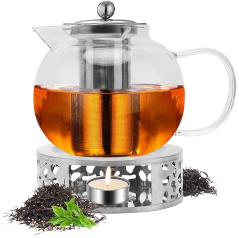 Yuragim Teekanne mit Stövchen Set, 1300ml Teekanne Glas mit Siebeinsatz & Stövchen, Teebereiter Teeservice Tee Kanne mit Sieb&Edelstahl Teewärmer für Schwarzen Grüner Tee Fruchttee Duftender Teebeutel