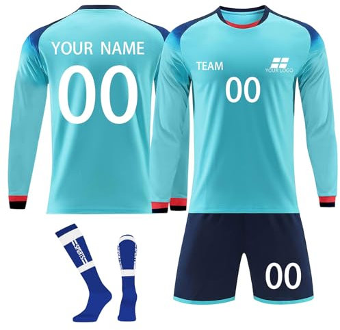 Personalisiert Fußball Trikot für Kinder Erwachsenen,Lange Ärmel Fußball T-Shirt Shorts Socken Sets mit Namen Nummer Team Name