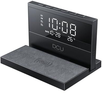 DCU TECNOLOGIC - Reloj Despertador de Sobremesa - Carga Rápida Inalámbrica - Luz Nocturna Ajustable - 2 Alarmas Personalizables