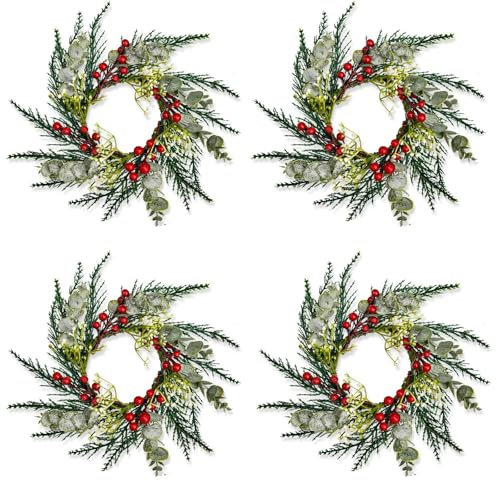 LIAMERHE 4 Pezzi Anelli di Candele di Natale 20CM Ghirlanda Artificiale di Bacche Rosse Anello Candela Portacandele Ghirlanda di Natale Artificiale per Porta D'ingresso Natale Tavolo Decorazione