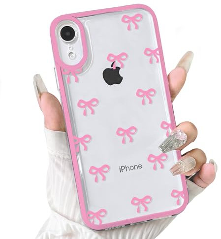 NITITOP Custodia protettiva per iPhone XR, con motivo a fiocco e nastro trasparente, resistente, per ragazze e donne, in morbido TPU trasparente, con obiettivo completo per fotocamera, antiurto,