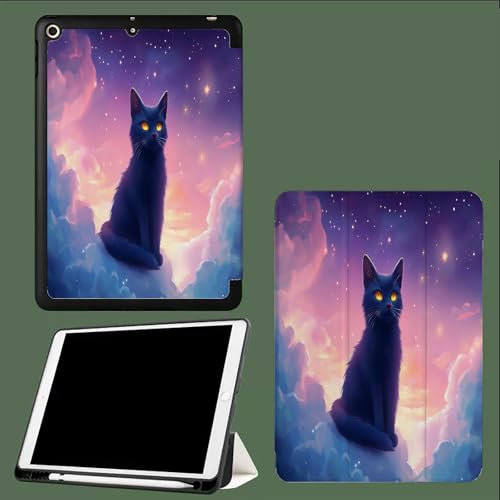 Anime Black Cat Case Compatible for iPad 9th/8th/7th Generation(2021/2020/2019 Release) 10.2 inch,Smart Ultra Slim Magnetic Cover with Pencil Holder, Auto Wake/Sleep Cloud Animals