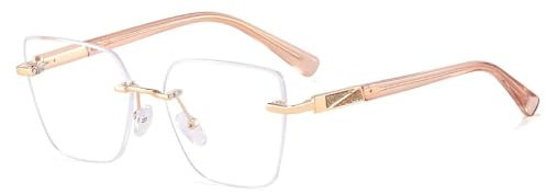 WNCKSQ Randlose Brille für Damen, quadratisch, klare Gläser, Katzenaugen-Brillengestell, Metall, Rosa, Schwarz, Gold, rahmenlos, Damen-Accessoires, goldbrauner Rahmen, 1