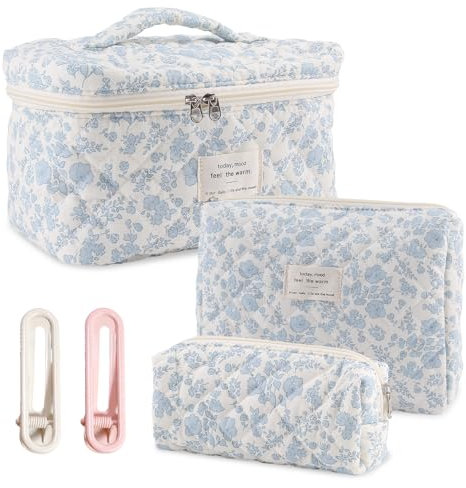 RYAN Trousse de Toilette 3 Pièces Grande Trousse a Maquillage Femme Orchidée Blanche Fleurie en Coton Doux Vanity Femme Portable Pochette Matelassée Trousse Cosmétique de Voyage