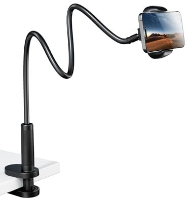 Klsniur Flexible Gooseneck Phone Holder, Universal Adjustable Phone Stand with Reinforced Anti-Slip Base & Aluminum Alloy Neck, Compatible with iPhone 16/15/14 Pro Max, Samsung Huawei (Black)