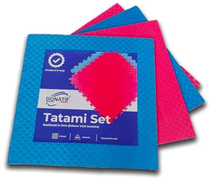 DONATIF Tapis de gym Tatami – Tapis Puzzle 4 Pack 100 x 100 x 4 cm – Tapis de gym en Eva – Tapis Fitnes – Sol anti-traumatisme (rouge/bleu)