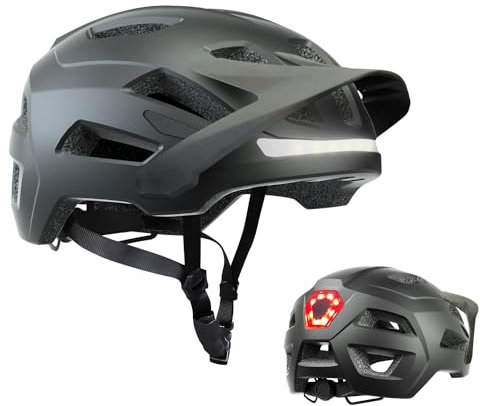 Fahrradhelm für Erwachsene mit wiederaufladbaren USB-LED-Front- und Rücklichtern, Mountainbike- und Rennradhelm für Männer und Frauen mit Verstellbarer Hutkrempe (Black, L)
