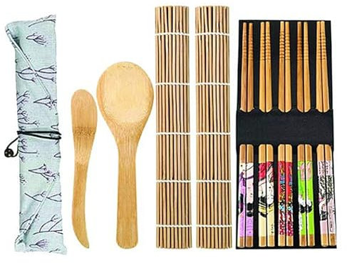 10Pcs Sushi Making Kit, Bamboo Sushi Rolling Mat, Includes 2 Rolling Mats, 5 Pairs Chopsticks, Paddle, Spreader, Sushi Maker Kit, Suitable Beginner and Experienced