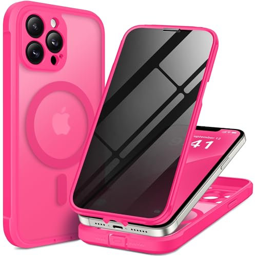 BERFY Magnetic for iPhone 13 Pro Max Case,Compatible with MagSafe,Built-in Privacy Screen Protector and Upgraded Camera Protection,Anti-Spy Full Body Shockproof Phone Case for 13 Pro Max 6.7,Hot Pink