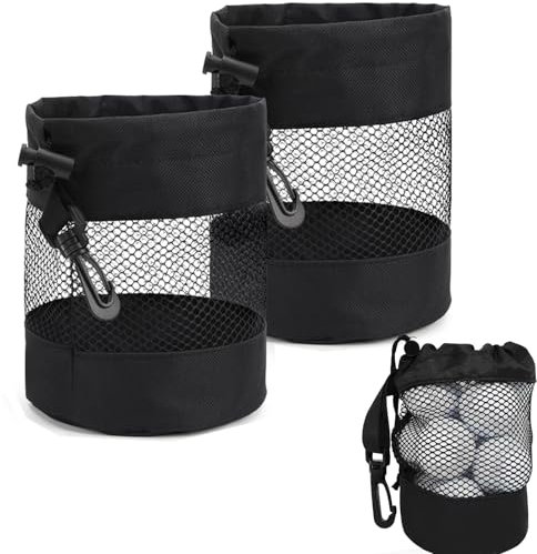 ZKFSIE Golf Ball Bags – 2 Pack Mesh Ball Pouch with Drawstring, Lightweight & Durable Golf Ball Sack for Practice, Training, and Storage (Black)
