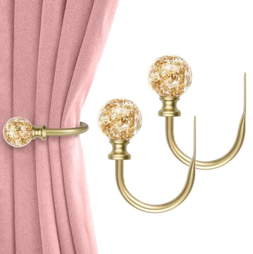 KAMANINA Gold Curtain Holdbacks 2 Pack, U Form Crystal Decorative Curtain Holdback, Wall Mounted Curtain Tieback Hooks for Fixed Curtain or Hanging Items