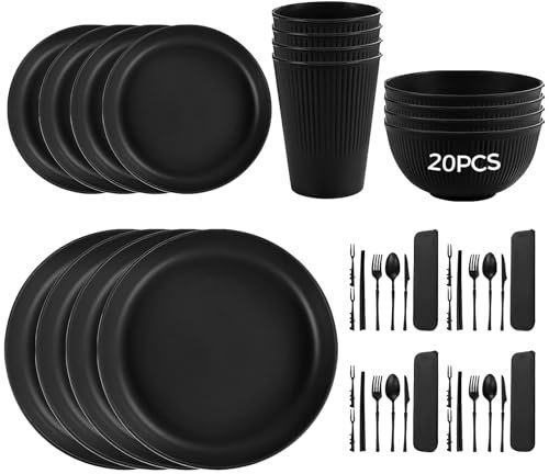 20-Piece Wheat Straw Tableware Set for 4, 6, Or 8 People, Unbreakable Plates, Bowls, Cups, Includes Cutlery & Stackable Design