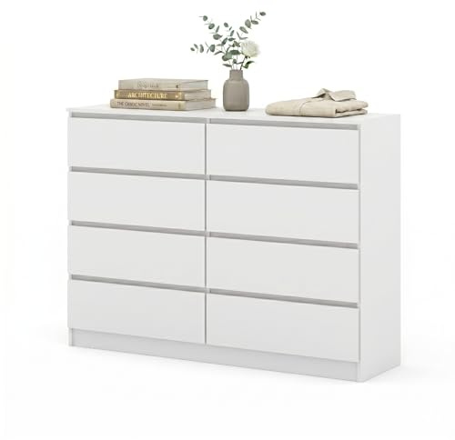 Homlando Kommode Maja S8 140x40x104 cm mit 8 Schubladen – modernes Sideboard ohne Griffe – stabile Flurkommode, Schlafzimmerkommode oder Büroschrank (Weiß Matt)