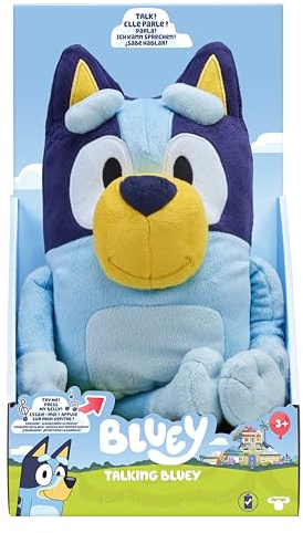 Bluey parlante de 33 cm, Peluche multilingüe parlante con 9 Frases y la canción de la Serie, Habla en 3 Idiomas Diferentes
