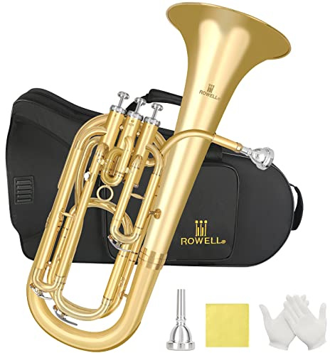 ROWELL Professional Bb Baritone Horn - 3 Valves Brass Baritone with Stainless Steel Valves Premium Case Set with Mouthpiece, Strap, Care Kit