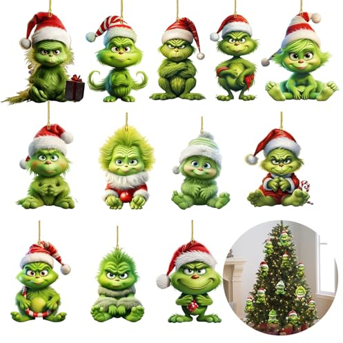 KLINNA 12 Stück Acryl Anhänger Weihnachtsbaumschmuck, Lustige 2D Deko Weihnachten mit Kordel, Flacher Christbaumschmuck für Weihnachtsbaum, Partydekoration und Kleine Geschenke