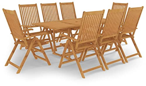 QJBSAVVA 9-TLG. Teak-Essgruppe 180×90 cm, klappbare 7-Fach verstellbare Stühle, Holztisch mit Schirmloch, Balkon-/Terrassen-Set