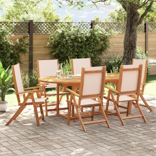Holamys 7-TLG. Garten-Essgruppe Massivholz Akazie, Textilene Creme, ausziehbar, verstellbare Stühle, bis 110 kg, für Terrasse, Balkon, Garten