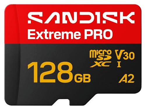 SANDISK Extreme Pro Carte UHS-I microSD + SD Adapter, 128 Go (Vitesses de Lecture allant Jusqu’à 250 Mo/s et d’écriture Jusqu’à 120 Mo/s, 5K, 3K, 4K UHD, C10, V30, U3, A2)