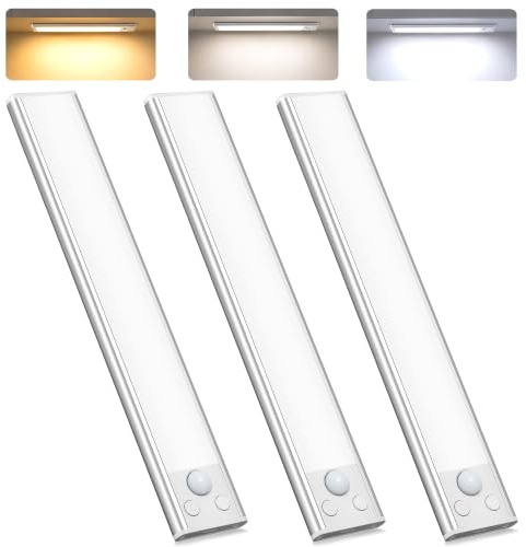 Under Cabinet Kitchen Lights Cupboard - LED Motion Sensor Indoor - 1100mAh | Rechargeable Battery Operated - Wardrobe Strip Lighting Magnetic Stick Wireless USB Powered Shelf Stairs Counter Closet 3 Pcs