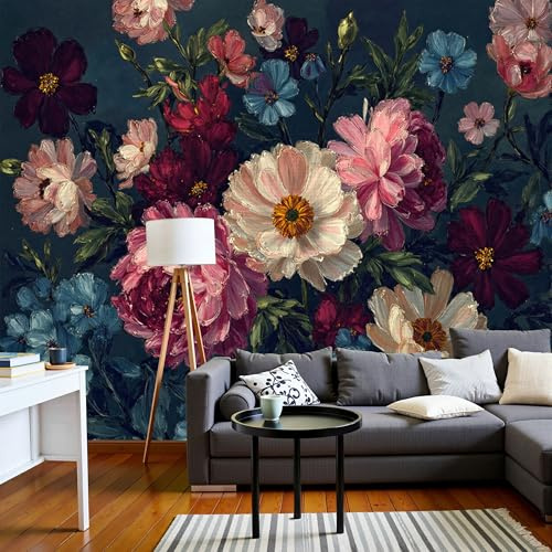 Papier Peint Mural Roses Pivoines Peinture À L'Huile, Papier Peint Panoramique Photo Poster 200X140Cm (L X H) - Fresque Murale Tapisserie Fleurs Vintage Bleu Foncé Pour Salon Chambre D'Enfant