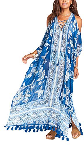 Bsubseach Blue Floral Print Loose Cold Shoulder Beach Cover Ups Swimwear Tassel Chiffon Swimsuit Cover Up Long Dress