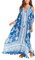 Bsubseach Blue Floral Print Loose Cold Shoulder Beach Cover Ups Swimwear Tassel Chiffon Swimsuit Cover Up Long Dress