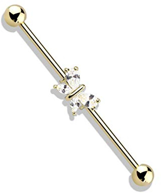 Autiga® Industrial Stab Piercing Ohr Stecker Schmetterling Butterfly Zirkonia Kristalle Straight Barbell