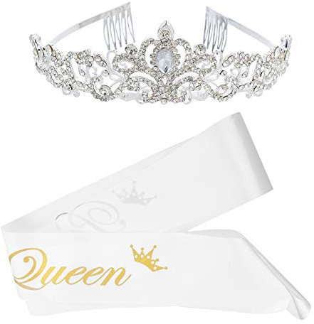 Prom Queen SchäRpe Und Kristall Diadem Set - Perfektes ZubehöR FüR Abschlussball, Hochzeit, Party, Cosplay, BüHnenauftritte - Silber, 2 StüCk