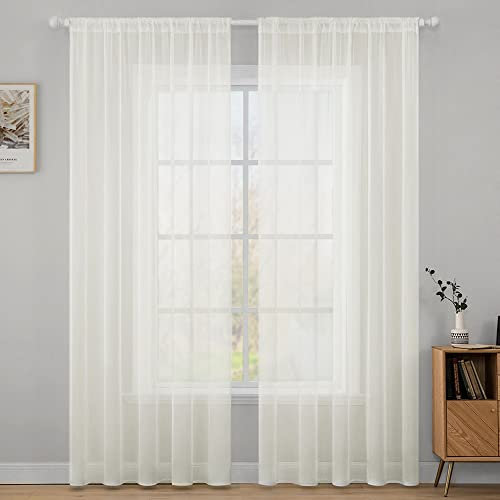 MIULEE Voile Vorhang Weihnachtsdeko Transparente Gardine aus Voile Einfarbig Stangendurchzug Wohnzimmer Luftig Dekoschal für Schlafzimmer 2er Set 215 x 140cm (H x B), Rod Pocket Elfenbein