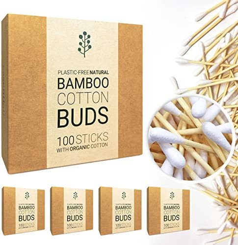 400 (4x100) Organic Premium Bamboo Cotton Buds with 100% Organic Cotton. This is a Zero Waste, Biodegradable, Plastic-Free, Eco Friendly, Vegan Product by Essentiall