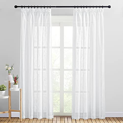 PONY DANCE 2er Set Leinenoptik Vorhänge mit Kräuselband Gardinen Weiss Halbtransparent H 220 x B 140 cm Schlafzimmer Gardinen und Vorhänge Halbtransparent Leinen Gardine Weiß