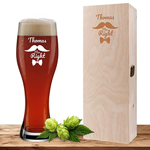 Weizenglas mit Name und Wunschmotiv graviert inkl. Geschenkbox, Bierglas 0,5l mit gravierter Holzbox, individuelles Geschenk, personalisiertes Weißbierglas - Motiv Mr. Right
