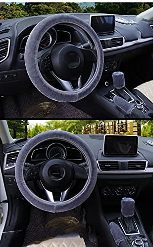 Universal Plüsch Auto Lenkradbezug Lenkradhülle 3 Stück Handbremse Schaltabdeckung Lenkradschoner Warme Winter Fell Lenkradabdeckung Lenkradhüllen Lenkrad Abdeckung Auto Zubehör für Damen,Grau