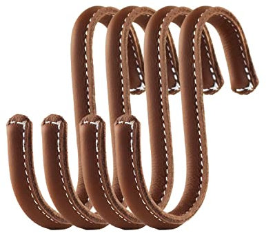 Brute Strength - S-Haken mit Vollnarbenleder umwickelt - 4 Stück - Cognac - 10 cm Edelstahl-Metallbügel Aufhängehaken für Küche, Werkstatt, Bad