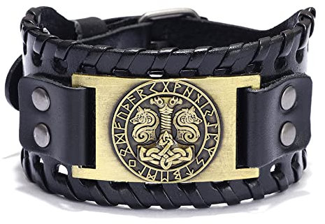 Mayting Thor's Hammer Lederarmband, Mjolnir Viking Nordic Runes Cuff Wide Wristband Celtic Knot Cuff Bangles Verstellbares Armband für Männer Frauen (B)